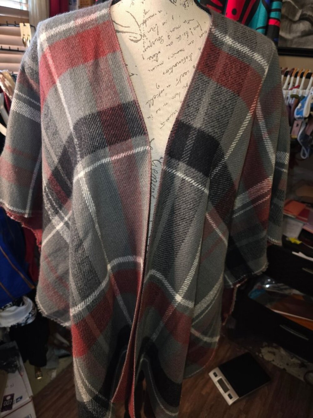 Plaid Open Front Poncho Cape By Accessory St 100% Acrylic One Size Red & Gray To